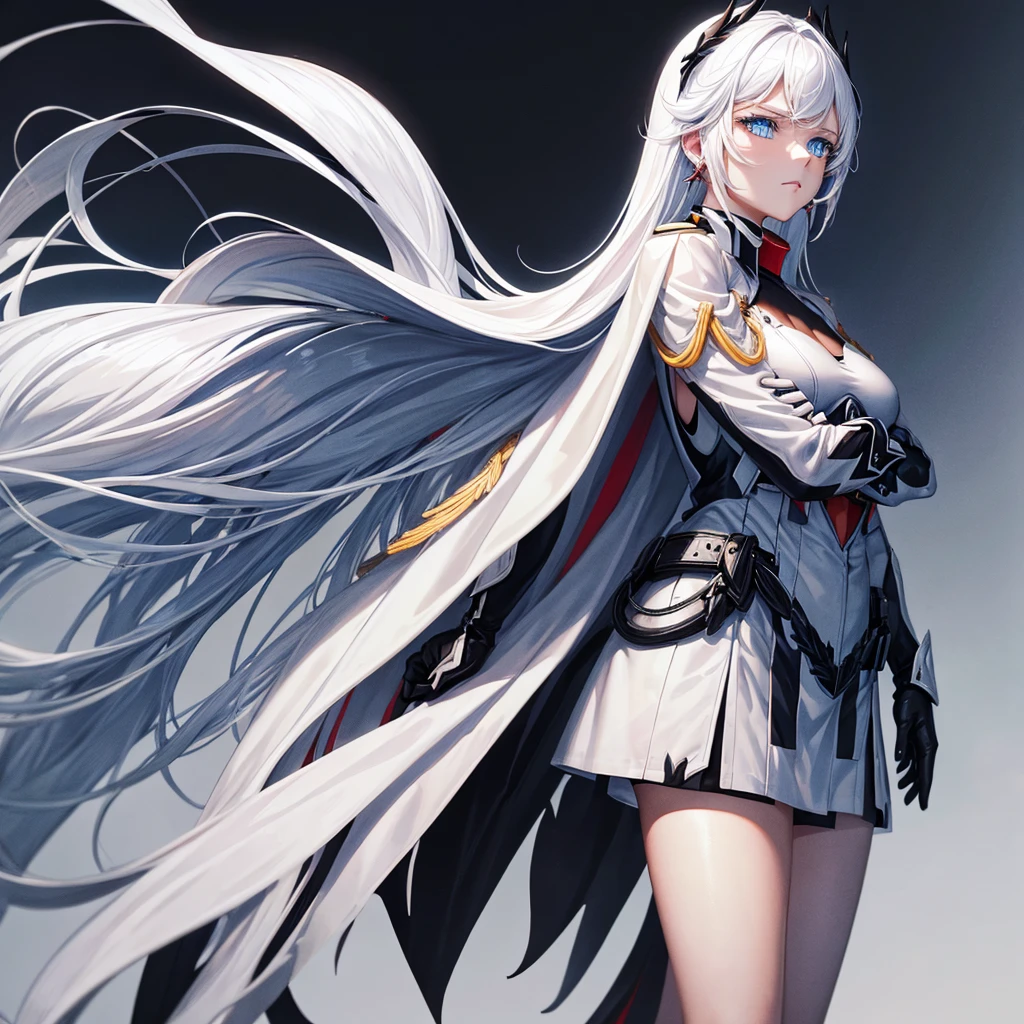 White hair, blue eyes, beautiful female, black military uniform, white leather clothing, white cape, black leather clothing, black gloves, crossed arms