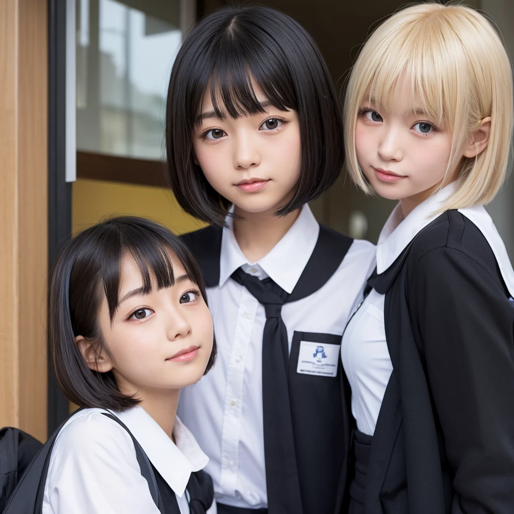 Japanese Girls、Blonde、Hairline is black、Bobcut、wearing student uniform,Blushing、School、One person