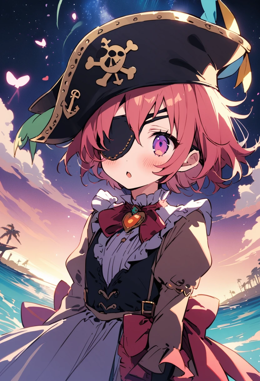 masterpiece, Highest quality, Illustration of the novel, High resolution, 18+ Adult content, Sensual, Intimate, Emotional, Passionate, romantic, sweet, Adorable, Innocent, Pure, Charmな, Charmな, Charm, mysterious, Charmな, Charmな, Immersive, Charmな, dream-like, Surreal, Imaginative, Whimsical, Artistic, Avant-garde, timeless, elegant, Sophisticated, chic, Sophisticated, personality, original, Charmな,((Loli Pirate:1.3)),((Eye patch:1.3))、Upper Body、(Little)