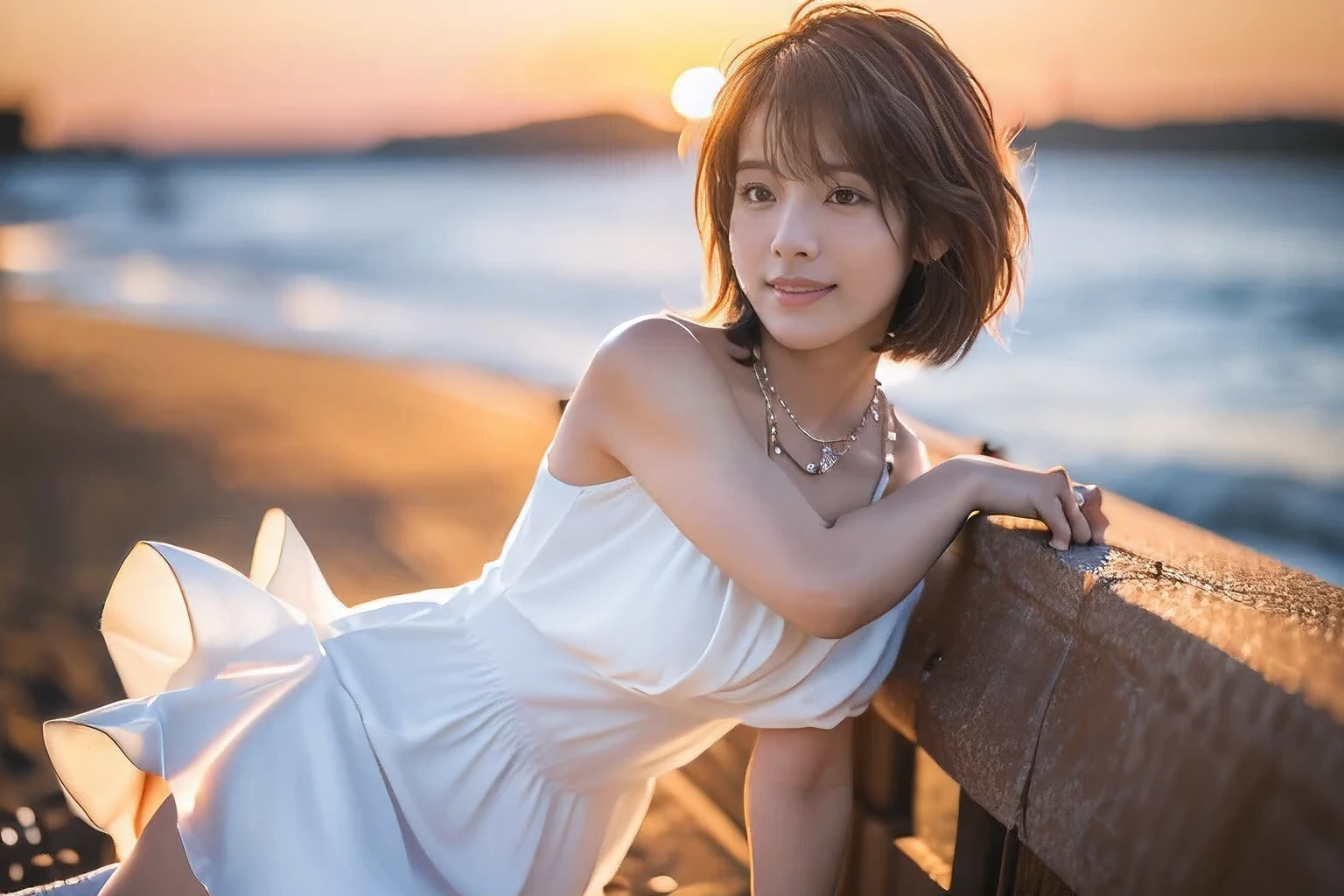 (A side view of her:1.5)、(Beautiful sunset、Sitting on the beach with my knees hugged、An 18-year-old woman looking at the sea:1.5)、(Gentle smile:1.2)、(The best quality at its best:1.4), (Super detailed), (Very detailed CG unified 16k), Beautiful woman with perfect figure: 1.4, Sharp focus: 1.2, Very detailed, High-quality RAW color photos, Professional photography, Great face and eyes, cosmetics, (Amazingly beautiful girl), ((White dress:1.5)), Realistic movie faces, Full body long view from head to toe, Realistic, ((Realistic natural orange red hairstyle)), ( Short Bob Hair:1.5), (necklace:1.5)、, Very beautiful face, Perfect model beauty, Mouth swelling, Highly detailed face and skin texture, Fine grain, double eyelid, Medium chest, smile, (masterpiece), Highest quality, High resolution, Very detailed, Blurred Background, Depth of written boundary, Cinema Lighting, Great legs, , Clear, well-maintained skin,((Full body shot from head to toe:1.5))