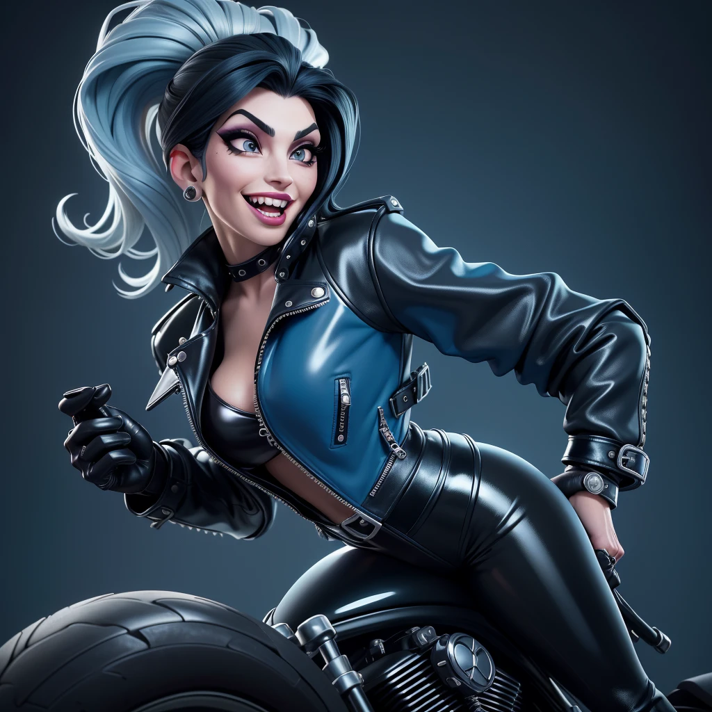 obra prima, melhor qualidade, (cruella deville, ilhan omar, vamp 70yo face wrinkles,) head back, sassy wicked girl, big toothy smile, open mouth, maniacal, extreme, thick smoky black eye shadow, long fake eyelashes, raven black mullet hair, ((metallic sky blue pvc biker jacket and pants,)) with studs zippers snaps, shiny leather gloves, body is skinny, riding motorcycles, shiny tight buttocks, dazzle, pinup, exaggerated selfie, lap dance, camera view of whole body, looking up at me, shallow depth of field, highres, HD, 8k, anatomically correct