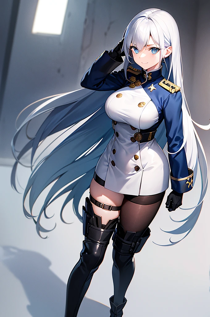 Content:
An anime woman in a military uniform. She has light blue eyes, white hair that ends halfway down her back, and knee-high military boots. She wears a confident smile, looking very mature, with her hands on her hips.

Medium:
Digital art, anime illustration.

Style:
Pixiv contest winner, fine art, with elements inspired by historical military aesthetics and anime character design.

Lighting:
Dramatic, with strong contrasts to highlight her authoritative presence and the details of her uniform. Subtle shadows to add depth and realism.

Colours:
A palette dominated by military greens, blacks, and silvers, with the light blue of her eyes and white of her hair standing out against the darker tones of her uniform.

Composition:
A full body shot with a 50mm lens. The background is a snowy scene, as if a blizzard is happening behind her. She salutes to the camera, showcasing her confidence and authority.