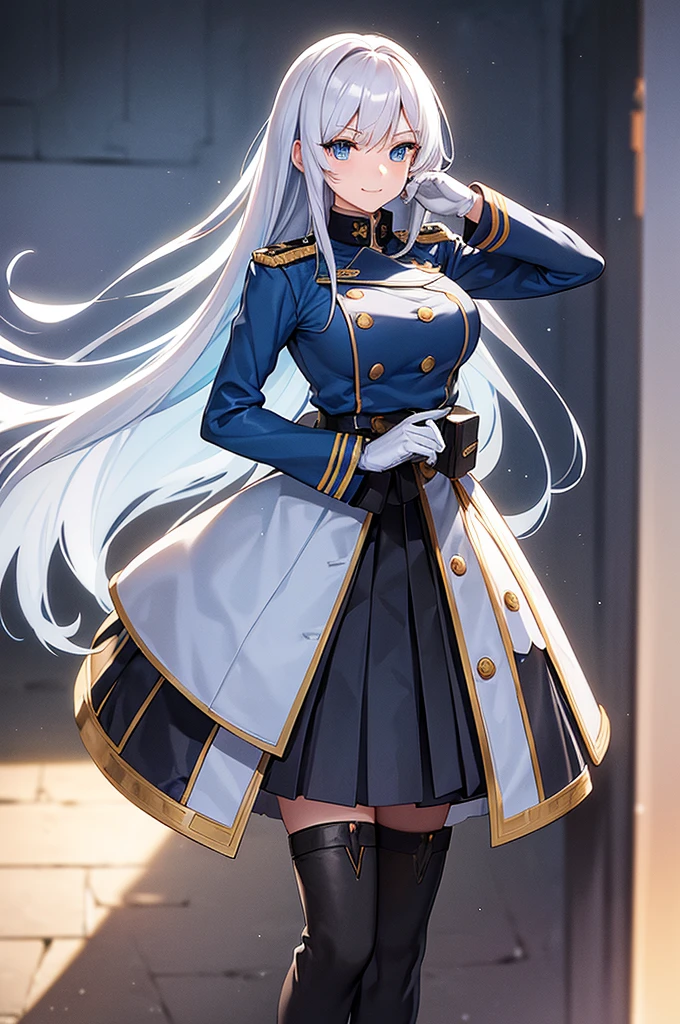 Content:
An anime woman in a military uniform. She has light blue eyes, white hair that ends halfway down her back, and knee-high military boots. She wears a confident smile, looking very mature, with her hands on her hips.

Medium:
Digital art, anime illustration.

Style:
Pixiv contest winner, fine art, with elements inspired by historical military aesthetics and anime character design.

Lighting:
Dramatic, with strong contrasts to highlight her authoritative presence and the details of her uniform. Subtle shadows to add depth and realism.

Colours:
A palette dominated by military greens, blacks, and silvers, with the light blue of her eyes and white of her hair standing out against the darker tones of her uniform.

Composition:
A full body shot with a 50mm lens. The background is a snowy scene, as if a blizzard is happening behind her. She salutes to the camera, showcasing her confidence and authority.