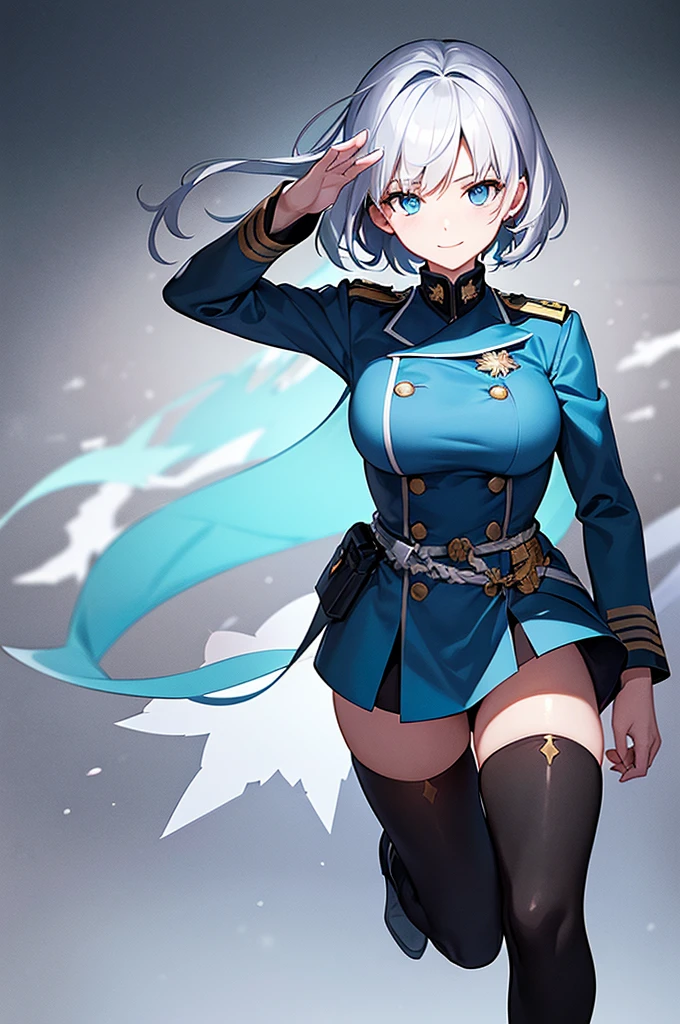 Content:
An anime woman in a military uniform. She has light blue eyes, white hair that ends halfway down her back, and knee-high military boots. She wears a confident smile, looking very mature, with her hands on her hips.

Medium:
Digital art, anime illustration.

Style:
Pixiv contest winner, fine art, with elements inspired by historical military aesthetics and anime character design.

Lighting:
Dramatic, with strong contrasts to highlight her authoritative presence and the details of her uniform. Subtle shadows to add depth and realism.

Colours:
A palette dominated by military greens, blacks, and silvers, with the light blue of her eyes and white of her hair standing out against the darker tones of her uniform.

Composition:
A full body shot with a 50mm lens. The background is a snowy scene, as if a blizzard is happening behind her. She salutes to the camera, showcasing her confidence and authority.