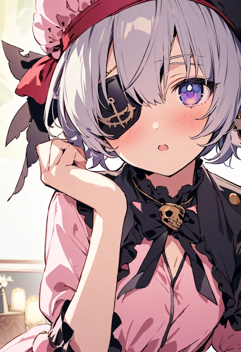 masterpiece, Highest quality, Illustration of the novel, High resolution, 18+ Adult content, Sensual, Intimate, Emotional, Passionate, romantic, sweet, Adorable, Innocent, Pure, Charmな, Charmな, Charm, mysterious, Charmな, Charmな, Immersive, Charmな, dream-like, Surreal, Imaginative, Whimsical, Artistic, Avant-garde, timeless, elegant, Sophisticated, chic, Sophisticated, personality, original, Charmな,((Loli Pirate:1.3)),((Eye patch:1.3))、Upper Body
