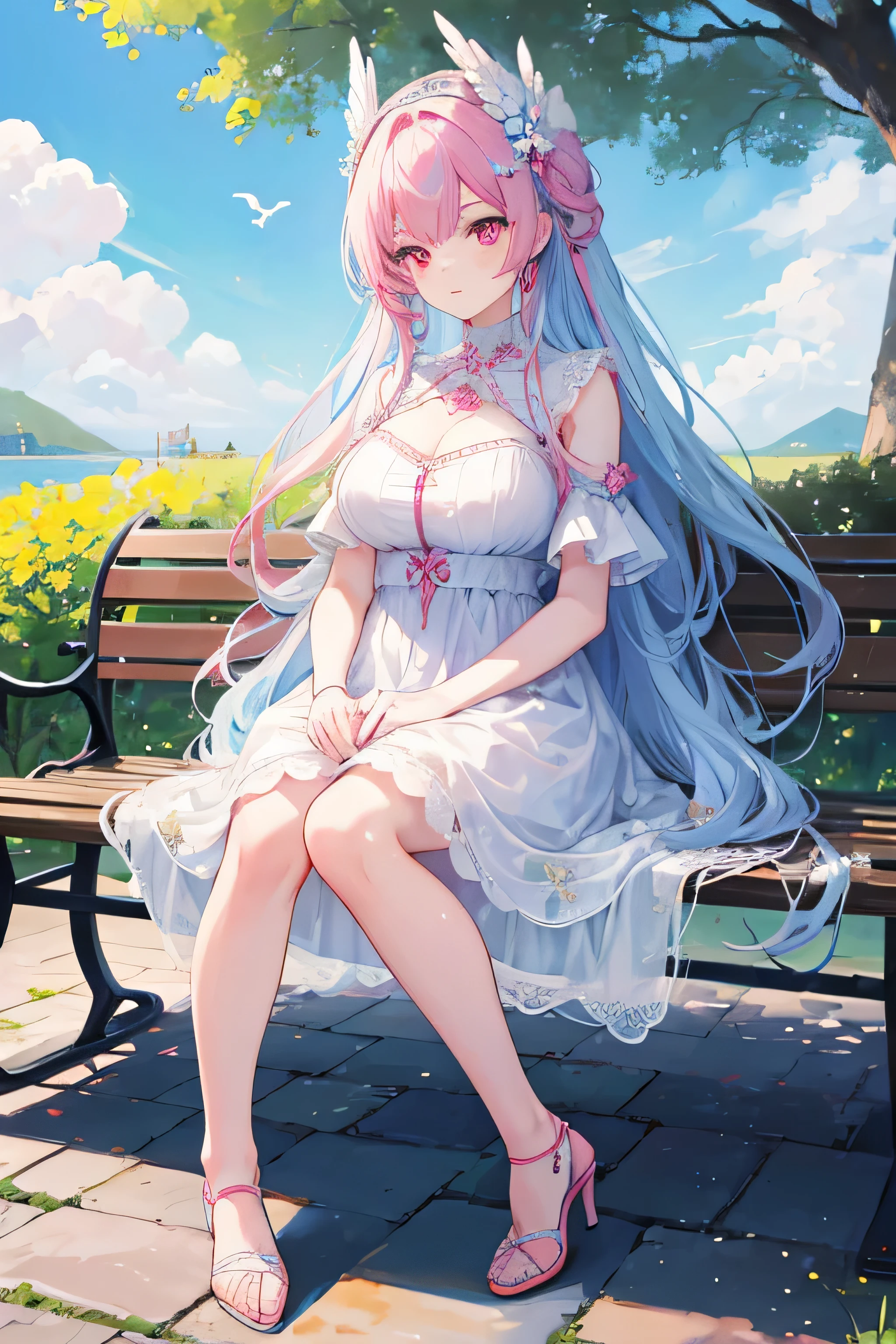 full body, masterpiece, 8k, ultra HD, sharp focus, details hair, beautiful hair, details face, beautiful detail eye, details pupil, perfect hand, vibrant colours, soft lighting.
1girl, long hair, hair accessory, big brid, (light blue-pink hair), dark red eyes, large breast, beautiful long dress, white dress, elegant pose, high heels, sit on bench.
park, blue sky, nice cloud, sun, bench, big tree, bird .