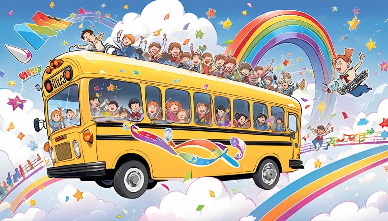 Magical schoolbus flying through clouds shaped like musical instruments, filled with excited cartoon students singing, English words trailing behind like a rainbow