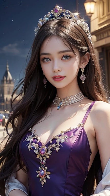 8K Ultra HD, masterpiece, Highest quality, Beautiful girl, Long Hair, Impressive hairstyle, Royal headdress, Cute face, Perfect Face, Jewelry Earrings, Antique Jewelry, Details, Beautiful Eyes, Careful makeup, Thin eyebrows, Beautiful Lips, Medium chest, Royal dress, Amethyst rainbow dress, Pale rainbow lace, Realistic colors, Magical Effects, Night Background, Look directly at the audience, Attractive pose,smile,smile,