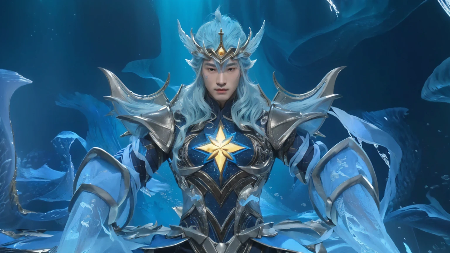 arafed image of a man in a blue outfit with a star on his chest, heise jinyao, queen of the sea mu yanling, inspired by Huang Shen, mystical atlantean valkyrie, the god poseidon, portrait of mermaid warrior, zenra taliyah, ice mage, atlantean warrior, ice lord, an epic majestical degen trader