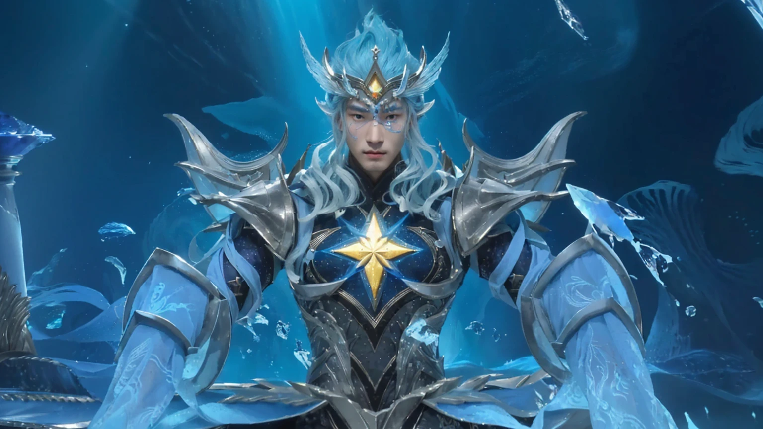 arafed image of a man in a blue outfit with a star on his chest, heise jinyao, queen of the sea mu yanling, inspired by Huang Shen, mystical atlantean valkyrie, the god poseidon, portrait of mermaid warrior, zenra taliyah, ice mage, atlantean warrior, ice lord, an epic majestical degen trader