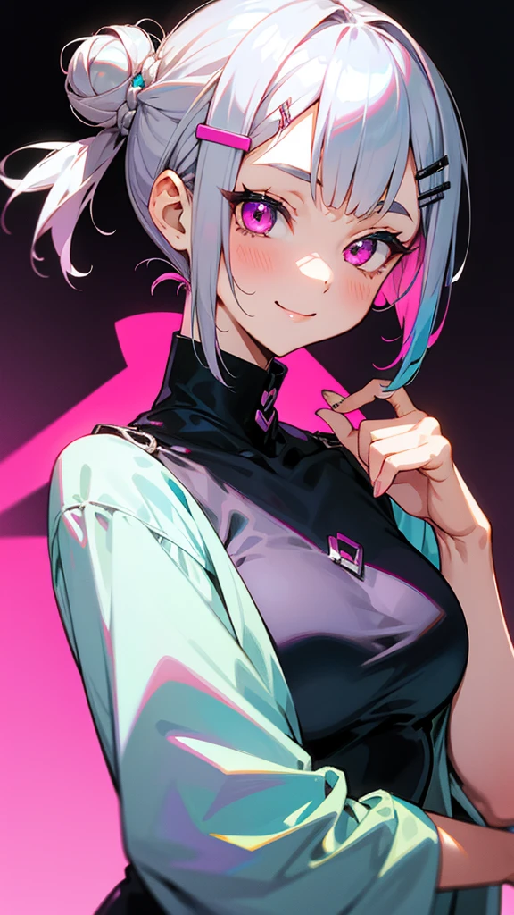1 Girl、Anime Style、Short silver bob hair tied in a bun with a hair clip、Pink Eyes、Sophisticated and powerful appearance、exotic、Hilarious、smile、Grunge Costumes、Colorful colors、Side body、Upper body close-up、