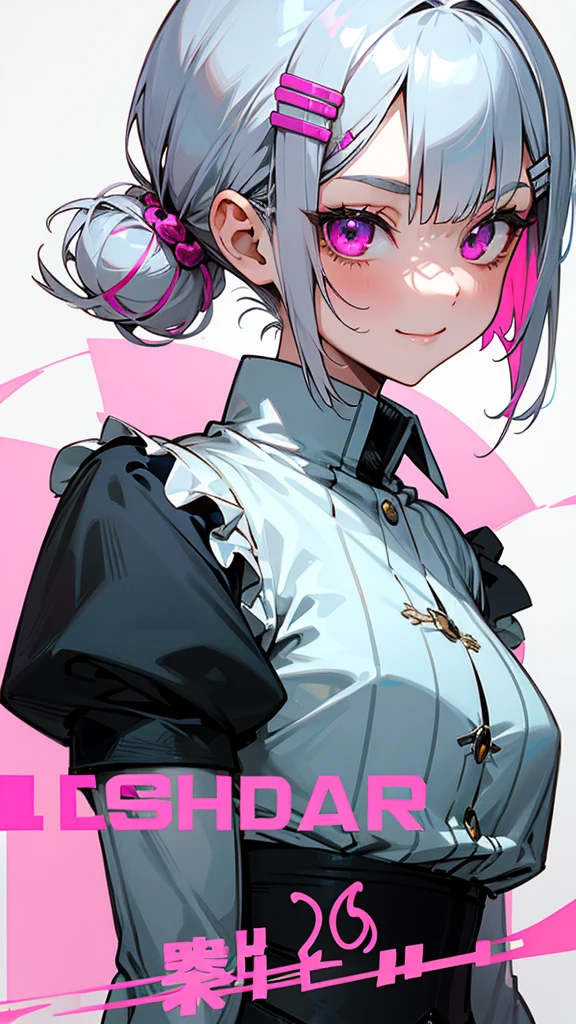 1 Girl、Anime Style、Short silver bob hair tied in a bun with a hair clip、Pink Eyes、Sophisticated and powerful appearance、exotic、Hilarious、smile、Grunge Costumes、Colorful colors、Side body、Upper body close-up、