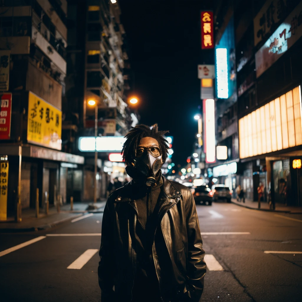 (Cinematic Aesthetic:1.4) Photo of a black man with gas mask in hong kong at night