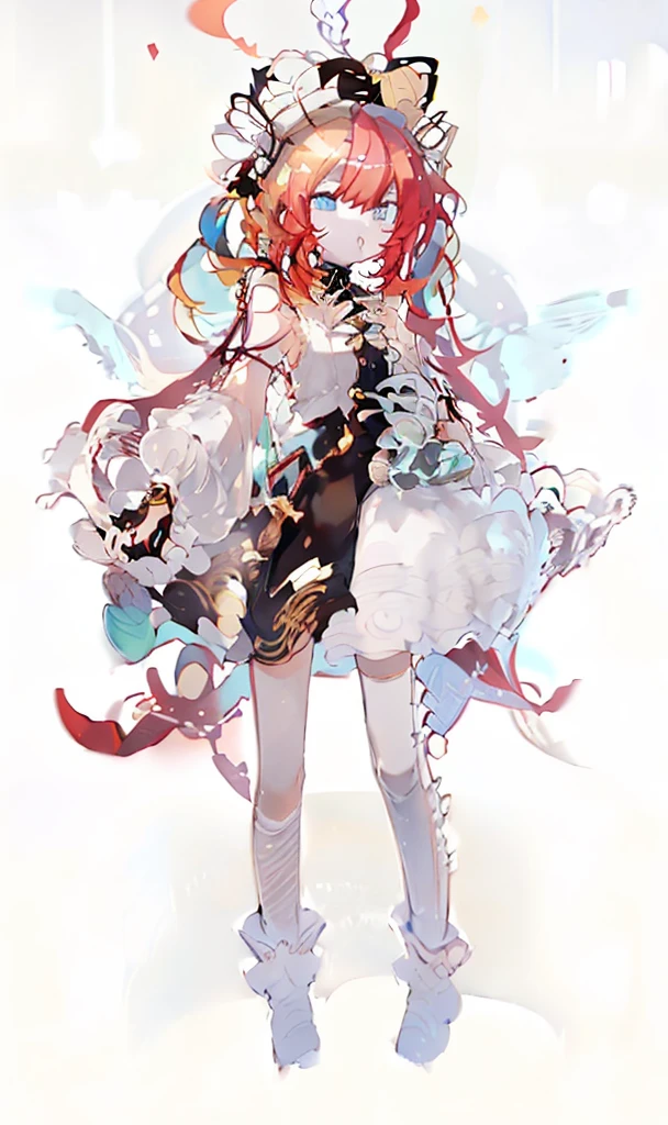 A girl，whole body，Standing picture，Character Design，Red Hair，apple，Complex headdress，Complex clothes，Long hair，Double tail