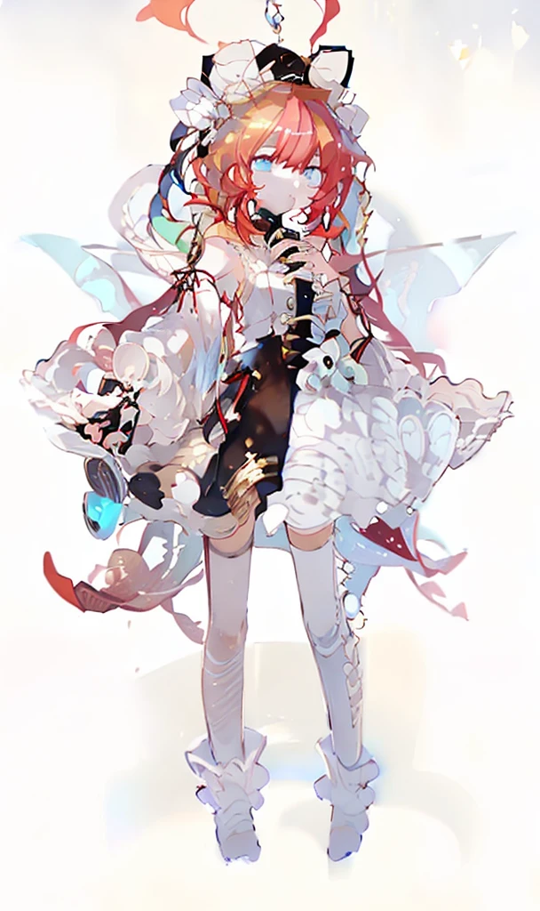 A girl，whole body，Standing picture，Character Design，Red Hair，apple，Complex headdress，Complex clothes，Long hair，Double tail