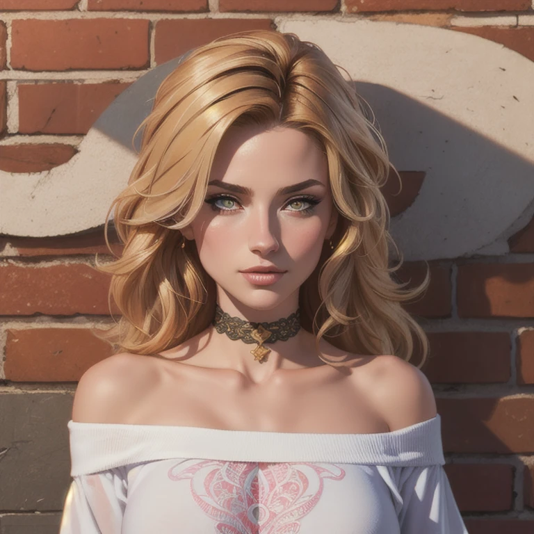 ultra realistic 8k cg, masterpiece, ((ultra detailed background, delicate pattern, intricate detail)), best quality, intricate details, chromatic aberration, 1girl, long hair, golden hair, messy hair, red highlights, hair over one eye, sharp eyes, choker, brick wall, graffiti, dim lighting, alley, oversized shirt,off shoulder, see through white shirt, Masterpiece, best quality