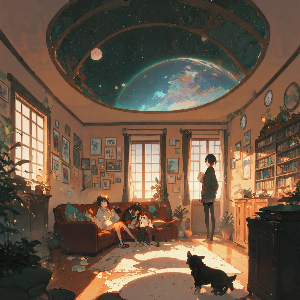 ((anime:1.4,illustration)),(masterpiece, top quality, best quality),(ultra-detailed, absolutely resolution),((16k, high res)), (((Interior, small living room, planetarium on the whole ceiling, boy and dog looking up)) ((cosy lofi illustration:1.4)), ((anime:1.4, illustration)),(masterpiece, top quality, best quality),(ultra-detailed, absolutely resolution),((16k, high res)) BREAK {lofi art, style of Laurie Greasley, style of Makoto Shinkai, anime aesthetic}, BREAK { (produces images with information than 40 million pixels with cinematic-like detailed textures shot on a Sony SLR).}