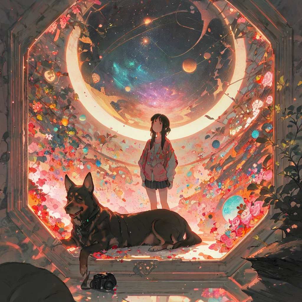 ((anime:1.4,illustration)),(masterpiece, top quality, best quality),(ultra-detailed, absolutely resolution),((16k, high res)), (((Interior, small living room, planetarium on the whole ceiling, boy and dog looking up)) ((cosy lofi illustration:1.4)), ((anime:1.4, illustration)),(masterpiece, top quality, best quality),(ultra-detailed, absolutely resolution),((16k, high res)) BREAK {lofi art, style of Laurie Greasley, style of Makoto Shinkai, anime aesthetic}, BREAK { (produces images with information than 40 million pixels with cinematic-like detailed textures shot on a Sony SLR).}