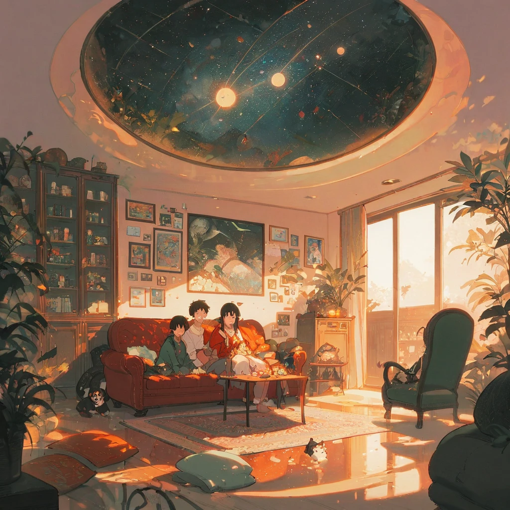 ((anime:1.4,illustration)),(masterpiece, top quality, best quality),(ultra-detailed, absolutely resolution),((16k, high res)), (((Interior, small living room, planetarium on the whole ceiling, boy and dog looking up)) ((cosy lofi illustration:1.4)), ((anime:1.4, illustration)),(masterpiece, top quality, best quality),(ultra-detailed, absolutely resolution),((16k, high res)) BREAK {lofi art, style of Laurie Greasley, style of Makoto Shinkai, anime aesthetic}, BREAK { (produces images with information than 40 million pixels with cinematic-like detailed textures shot on a Sony SLR).}