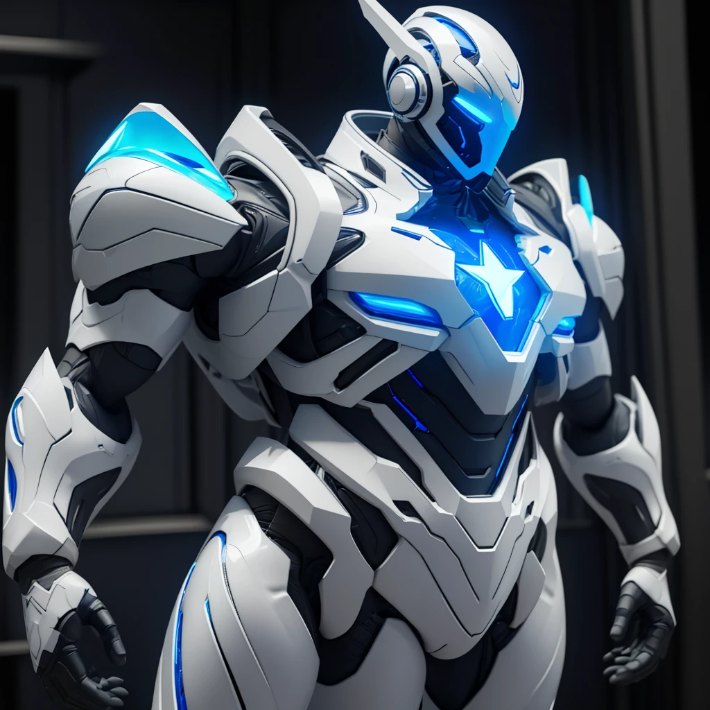 Dronificated unknown man in a fully enclosed white latex fullbody suit with blue lights across the suit and star shaped glowing core in the chest, fully enclosed cyber helmet that cover her whole face and hides his identity with a blue screen that has a white star, muscular, strong, in a storage, no face, no hair, no mouth, no eyes, (perfect anatomy)