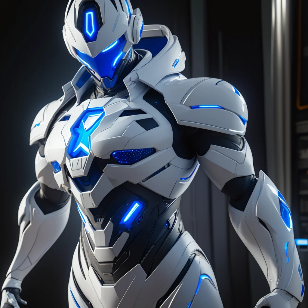 Dronificated unknown man in a fully enclosed white latex fullbody suit with blue lights across the suit and star shaped glowing core in the chest, fully enclosed cyber helmet that cover her whole face and hides his identity with a blue screen that has a white star, muscular, strong, in a storage, no face, no hair, no mouth, no eyes, (perfect anatomy)