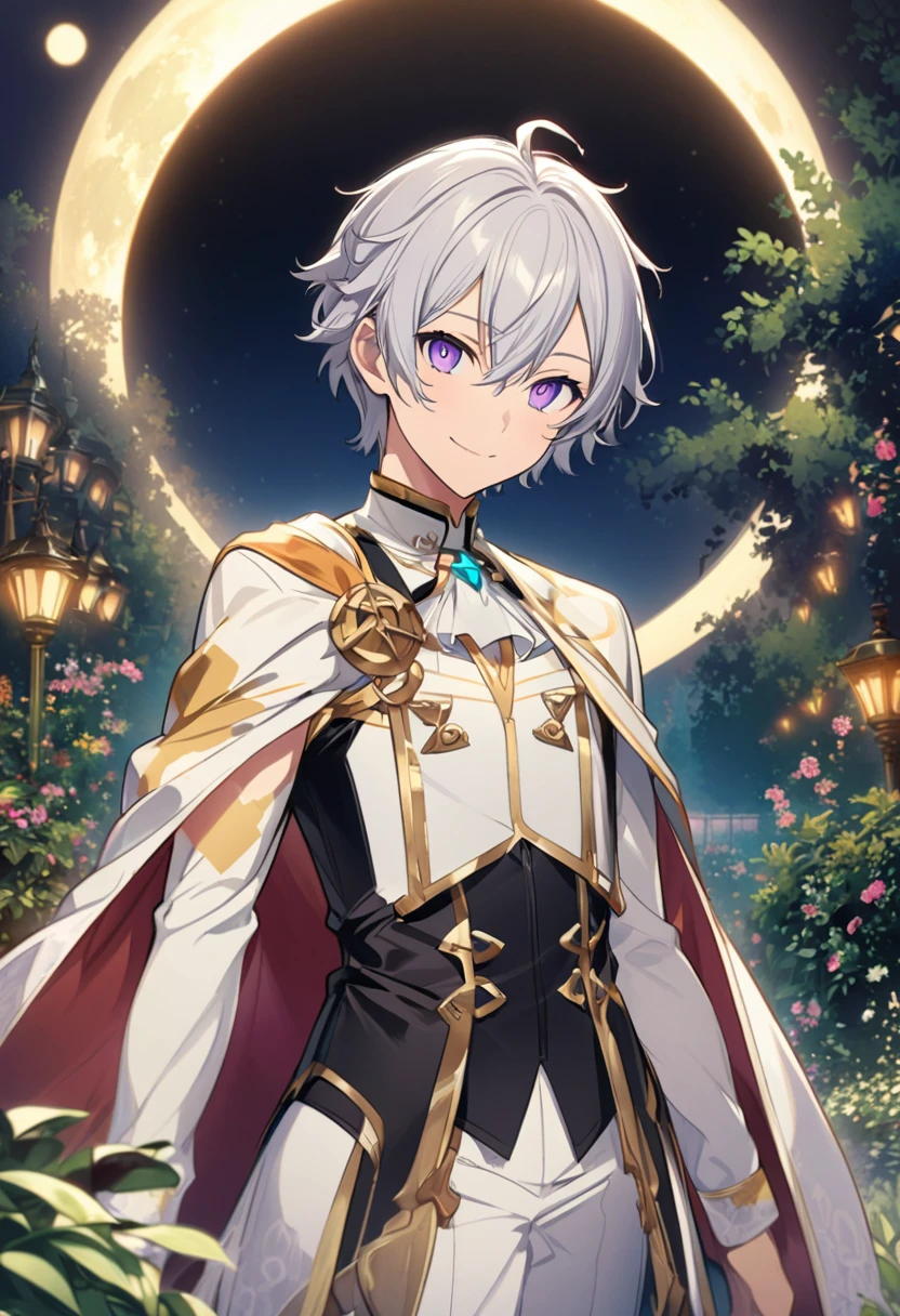 Aether \(AKB0048 Next Stage\), (short hair), (light gray hair), (bright eyes), (purple eyes):1.2, noble costume, smiling gently, cape, ((ultra-detailed)), ((illustration)), (neat hair)), (beautiful detailed eyes), (male), 1boy, ((garden, night, moon)), looking at viewer