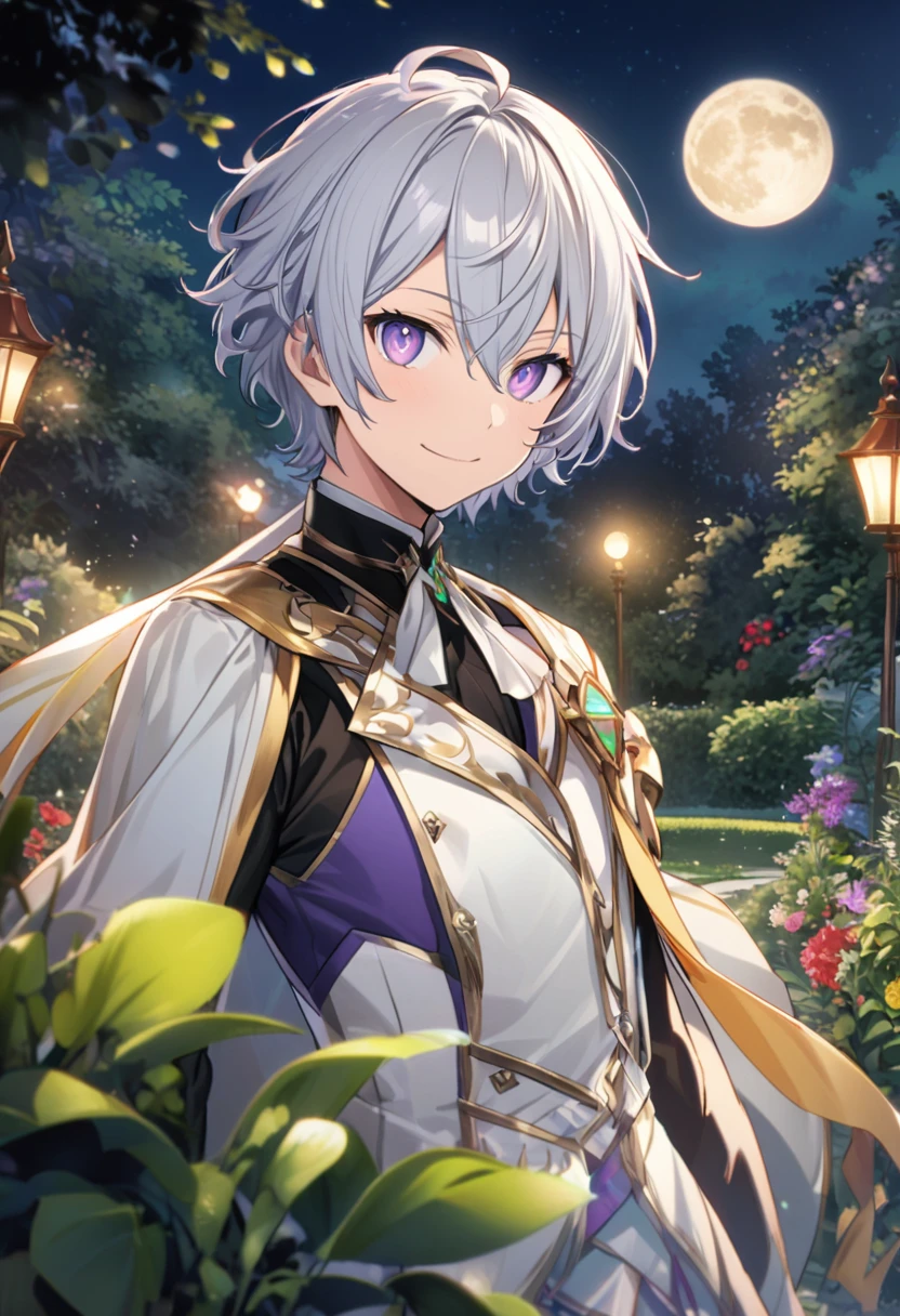 Aether \(AKB0048 Next Stage\), (short hair), (light gray hair), (bright eyes), (purple eyes):1.2, noble costume, smiling gently, cape, ((ultra-detailed)), ((illustration)), (neat hair)), (beautiful detailed eyes), (male), 1boy, ((garden, night, moon)), looking at viewer