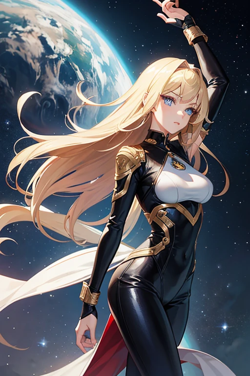 Anime style female character inspired by vintage space opera aesthetics, with elongated facial features, 165 cm tall, having blond, waist-length, wavy hair with V bangs, and blue eyes. She is wearing tight skinny jeans with high boots over them, adding an equestrian touch to her ensemble. The character's design reflects a blend of space opera elements and a realistic body proportion, highlighting her strong yet feminine presence.