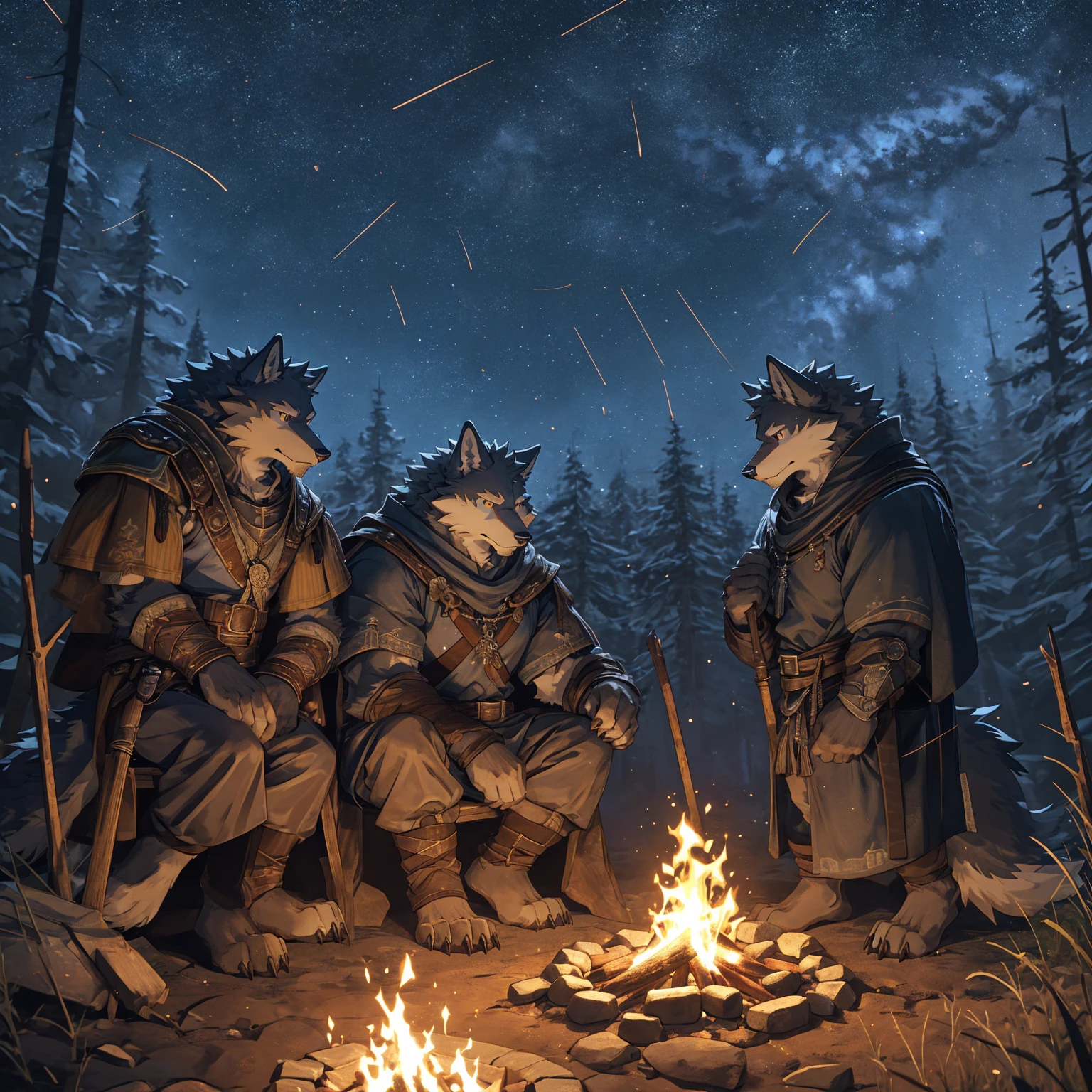 one, kemono, (wolf), anthro, male, ((orange and grey body)), fur, tail, muscles, handsome, outdoors, outside, dark, night, forest, campfire, camp, stars, sitting, toe claws, epic, depth of field, perfect lighting, (light particles),(best quality),(masterpiece),(ultra detailed),sharp focus, medieval age clothes