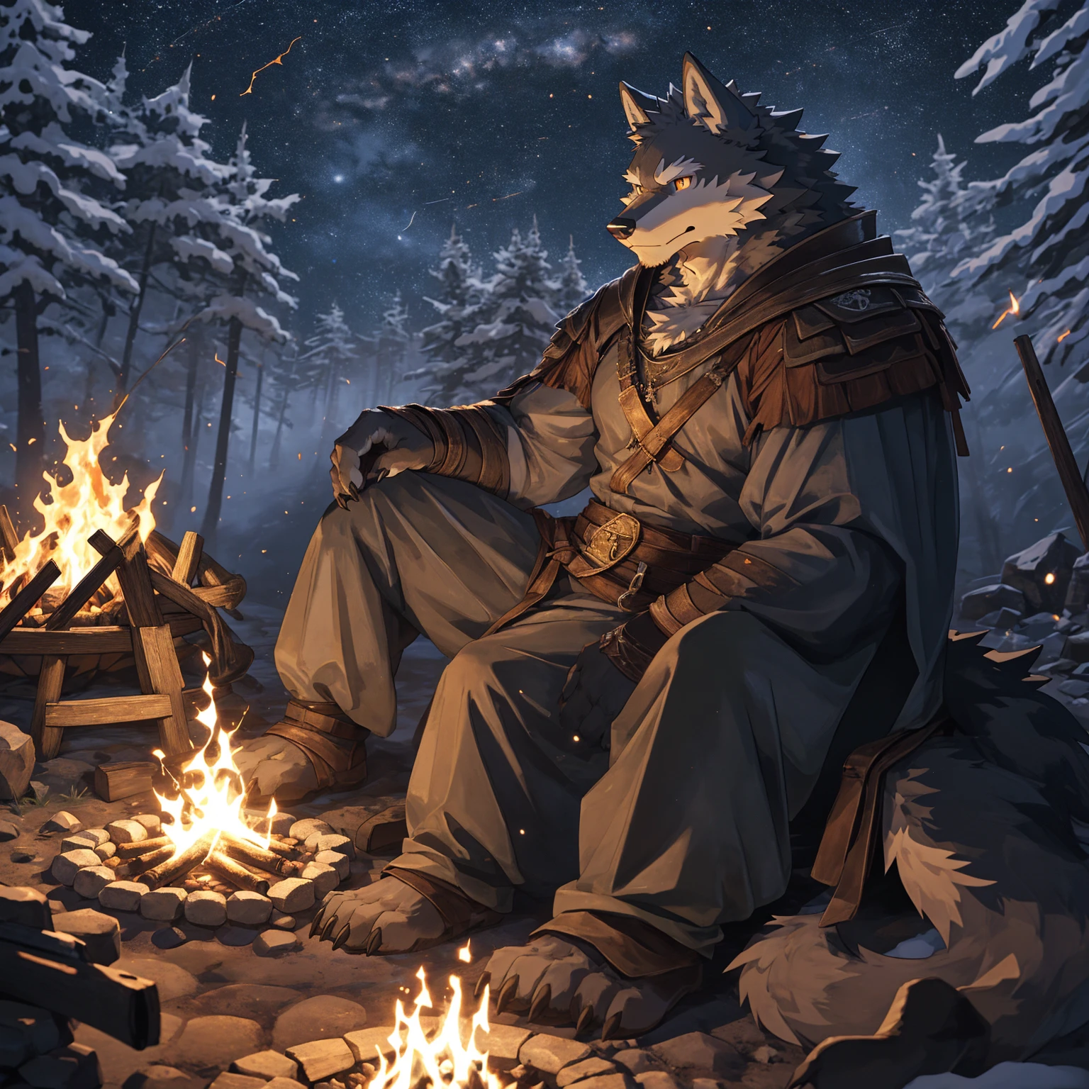 one, kemono, (wolf), anthro, male, ((orange and grey body)), fur, tail, muscles, handsome, outdoors, outside, dark, night, forest, campfire, camp, stars, sitting, toe claws, epic, depth of field, perfect lighting, (light particles),(best quality),(masterpiece),(ultra detailed),sharp focus, medieval age clothes