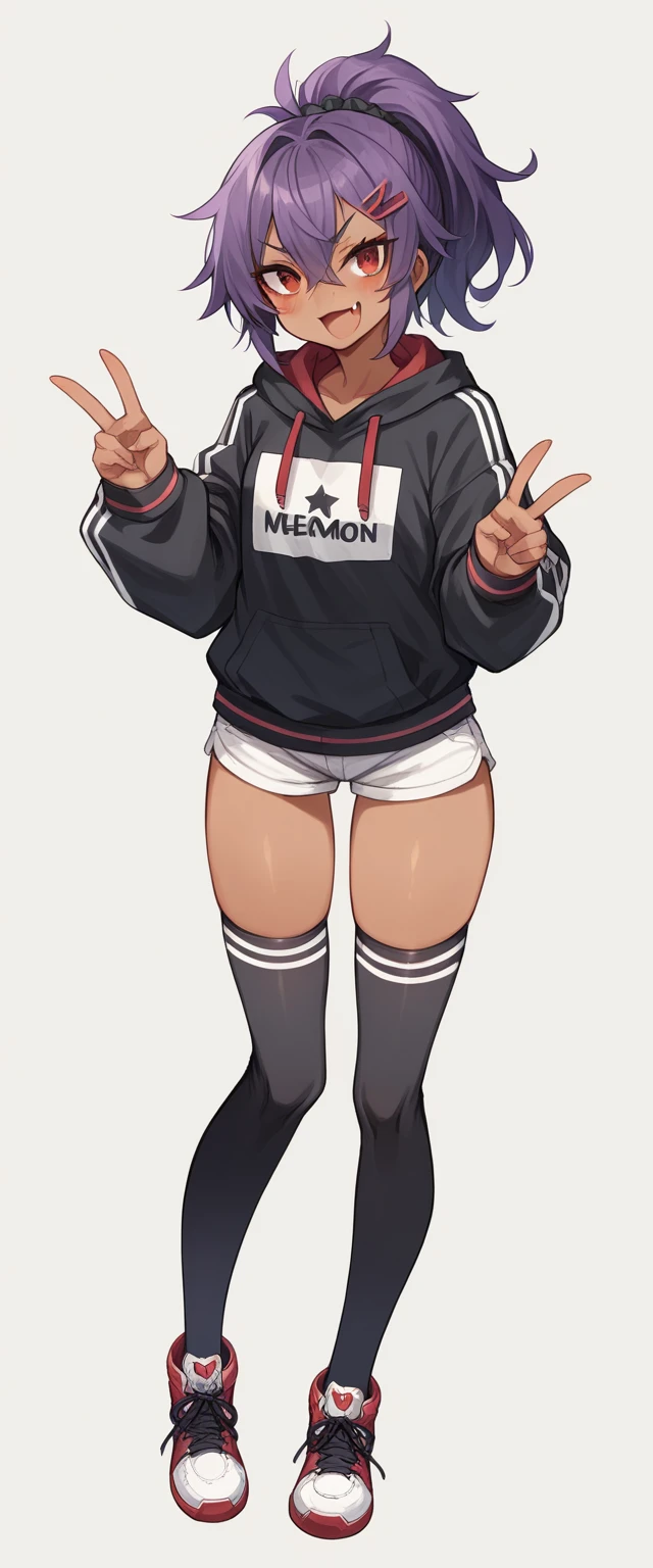 highres,1girl,bangs,blush,red eyes,open mouth,fang,dark-skinned female,hair between eyes,hair ornament,hairclip,looking at viewer,smile,solo,v-shaped eyebrows,thighhighs,underwear,streetwear,sneakers,tongue,gal,shorts,KEMOMIMI,fang dark-skinned female,taut clothing,ponytail,short disheveled hair,purple hair,two or more colors,white background ,simple background