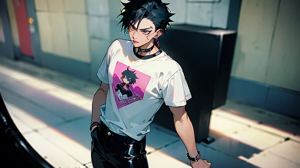 (((masterpiece,Highest quality))),((Black-haired anime boy wearing punk rock t-shirt and patent leather pants)),((Has multiple ear piercings)),((Has two lip piercings)),(Glaring),Standing alone in the middle of the city,anime,