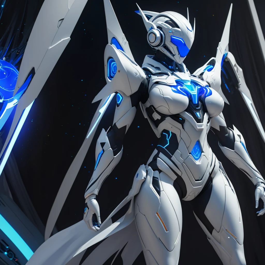 Dronificated unknown woman in a fully enclosed white latex fullbody suit with blue lights across the suit and star shaped glowing core in the chest, fully enclosed cyber helmet that cover her whole face and hides her identity with a blue screen that has a white star, huge breast, narrow waist, wide hips and thick thighs, Mechanical wings, in a forest, no face, no hair, no mouth, no eyes, (perfect anatomy)