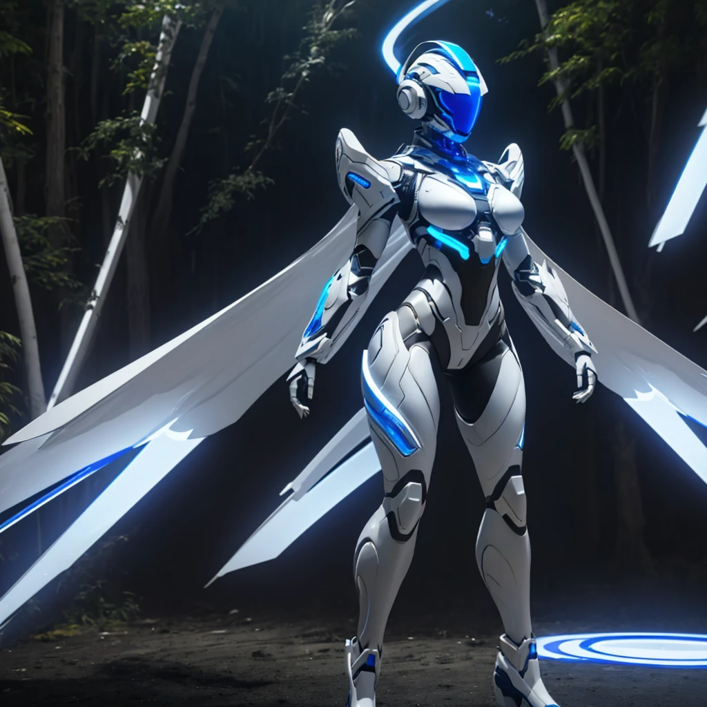 Dronificated unknown woman in a fully enclosed white latex fullbody suit with blue lights across the suit and star shaped glowing core in the chest, fully enclosed cyber helmet that cover her whole face and hides her identity with a blue screen that has a white star, huge breast, narrow waist, wide hips and thick thighs, Mechanical wings, in a forest, no face, no hair, no mouth, no eyes, (perfect anatomy)
