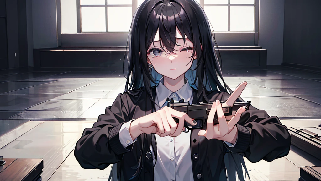 masterpiece, best quality, g2h, gun to head, handgun, holding gun, cowboy shot, 1girl, cold eyes, distant, blank stare, depressed, empty eyes, apathetic, blue eyes, natural long black hair