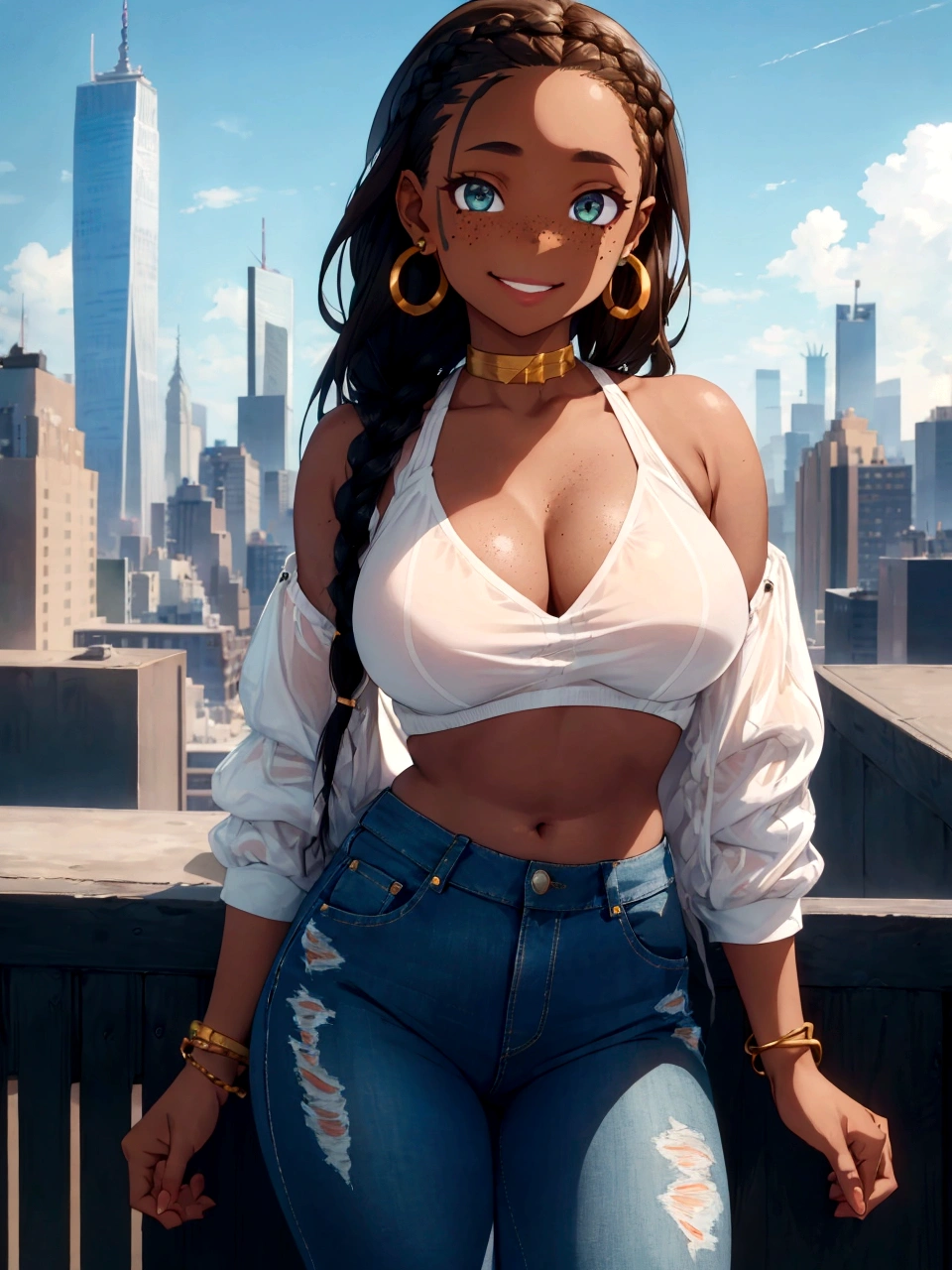 Girl with dark skin, braided brown hair, backwards hat, green eyes, smiling, black bra, white blouse, big circle gold earrings, freckles, big lips, on a rooftop, nyc skyline in the background, blue skies big clouds Wearing extremely tight jeans, extremamente sexy, 8k, (melhor qualidade: 1.0), (ultra highres:1.0)