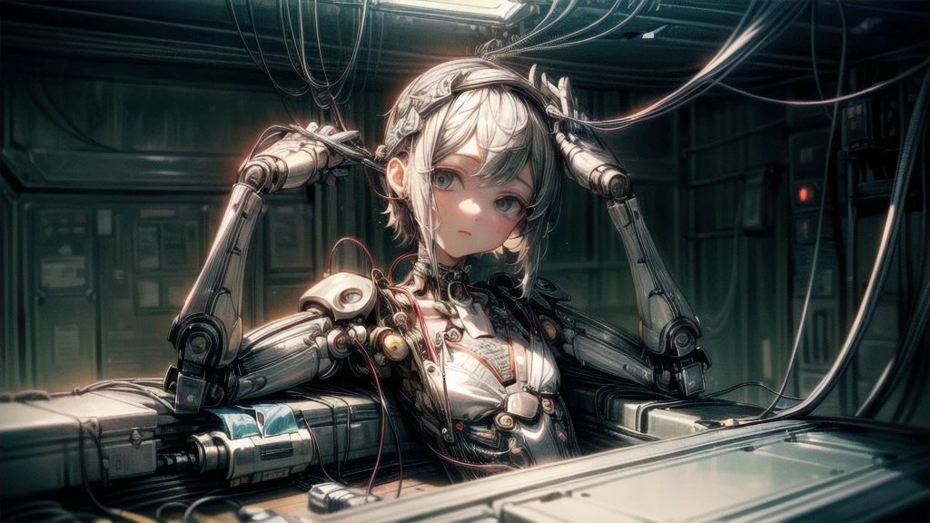 (((tmasterpiece))), (((Best quality at best))), ((ultra - detailed)), (Highly detailed CG illustration), ((Extremely Delicately Beautiful)),(Cute and delicate face),Movie Lighting,((1 mechanical girl)),alone,full bodyesbian,(Machine joints:1.4),((Mechanical limb blood vessels connected to tubes),((Mechanical vertebrae attach to the back)),((The mechanical cervical vertebrae are attached to the neck)),((sitted)),face expressionless,(wires and cables attached to head and body:1.5),(Character focus),scientific fiction