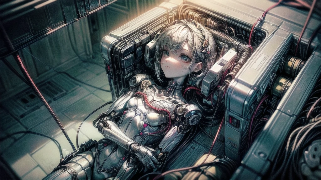 (((masterpiece))), (((Highest quality))), ((Very detailed)), (Highly detailed CG illustrations), ((Very delicate and beautiful)),(Cute and delicate face),Light,((1. Machine Girl)),alone,whole body,(Machine made joints:1.4),((Mechanical Limbs)),(Muscle swelling),(The container is connected to a tube),(Brain in a container:1.3),((Mechanical vertebrae attached to the back)),((Mechanical cervical vertebrae attached to the neck)),((Sitting)),poker face,(Wires and cables attached to head and body:1.5),Small breasts,short hair,(Character Focus),SF,Lying down,Dark shortcuts,Centering shortcuts,A devastated society,alone,