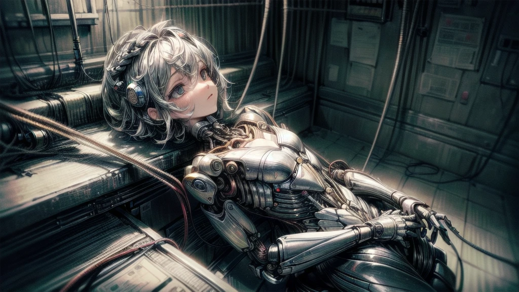 (((masterpiece))), (((Highest quality))), ((Very detailed)), (Highly detailed CG illustrations), ((Very delicate and beautiful)),(Cute and delicate face),Light,((1. Machine Girl)),alone,whole body,(Machine made joints:1.4),((Mechanical Limbs)),(Muscle swelling),(The container is connected to a tube),(Brain in a container:1.3),((Mechanical vertebrae attached to the back)),((Mechanical cervical vertebrae attached to the neck)),((Sitting)),poker face,(Wires and cables attached to head and body:1.5),Small breasts,short hair,(Character Focus),SF,Lying down,Dark shortcuts,Centering shortcuts,A devastated society,alone,