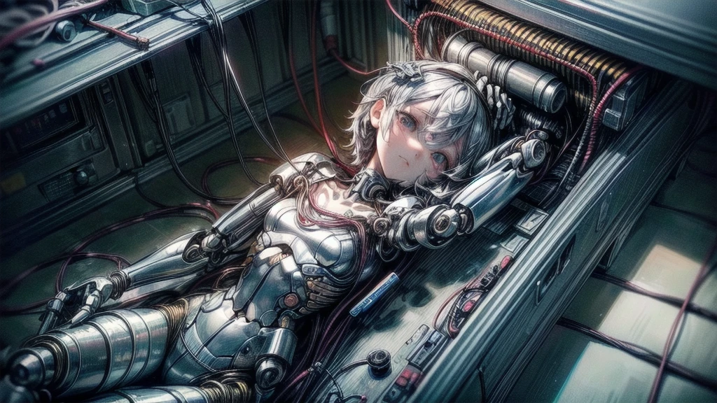 (((masterpiece))), (((Highest quality))), ((Very detailed)), (Highly detailed CG illustrations), ((Very delicate and beautiful)),(Cute and delicate face),Light,((1. Machine Girl)),alone,whole body,(Machine made joints:1.4),((Mechanical Limbs)),(Muscle swelling),(The container is connected to a tube),(Brain in a container:1.3),((Mechanical vertebrae attached to the back)),((Mechanical cervical spine attached to the neck)),((Sitting)),poker face,(Wires and cables attached to head and body:1.5),Small breasts,short hair,(Character Focus),SF,Lying down,Dark shortcuts,Centering shortcuts,A devastated society,alone,