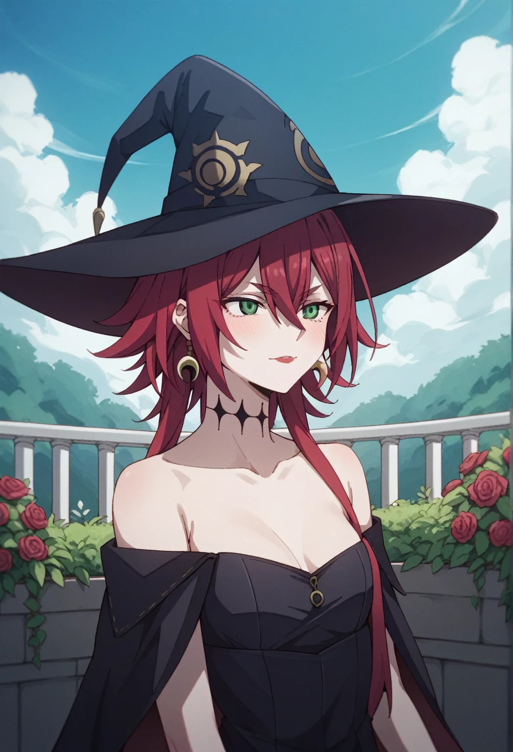 crimson, 1girl, small breasts, hat, witch hat, solo, green eyes, red hair, outside, garden background