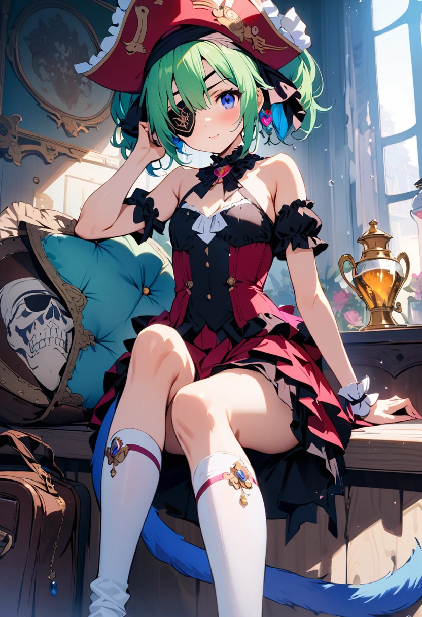masterpiece, Highest quality, Illustrations for novels, High resolution, 18+ Adult content, Sensual, Intimate, Emotional, Passionate, romantic, sweet, Adorable, Innocent, Pure, Enchanting, Enchantingな, attractive, mysterious, Enchantingな, Enchanting, Immersive, Enchantingな, dream-like, Surreal, Imaginative, Whimsical, Artistic, Avant-garde, timeless, elegant, Sophisticated, chic, Sophisticated, Individuality, original, Enchantingな,One girl,Deltamon_beta, alone, blue eyes, Knee socks, Animal ears, Bare shoulders, Blue Tail, Earrings,Removable sleeves, Green Hair, No sleeve, Cat ear, bag, white Knee socks, Cat's Tail,pink backpack,Pink school bag,Lavender lace: Lavender Peter Pan collar lace dress, Paired with ivory tights and Mary Jane shoes.,Cherry-blossom viewing, azalea, satsuki, azalea blizzard,
rest ((Loli Pirate:1.3)),((Eye patch:1.3))、