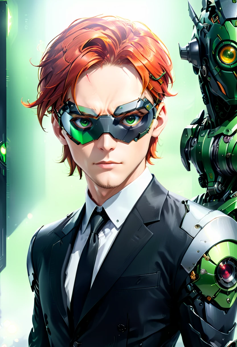 Arafed a picture of a human male spy, wearing dark suit, wearing ((mecha eye patch)), ((eye patch covering only one eye: 1.5)) , exquisite beautiful male, red hair, short crop hair, green eyes, eye patch has intricate mechanical part in it, high society gala event background, (Masterpiece: 1.5), 16k, highres, best quality, high details, ultra detailed, masterpiece, best quality, (extremely detailed),