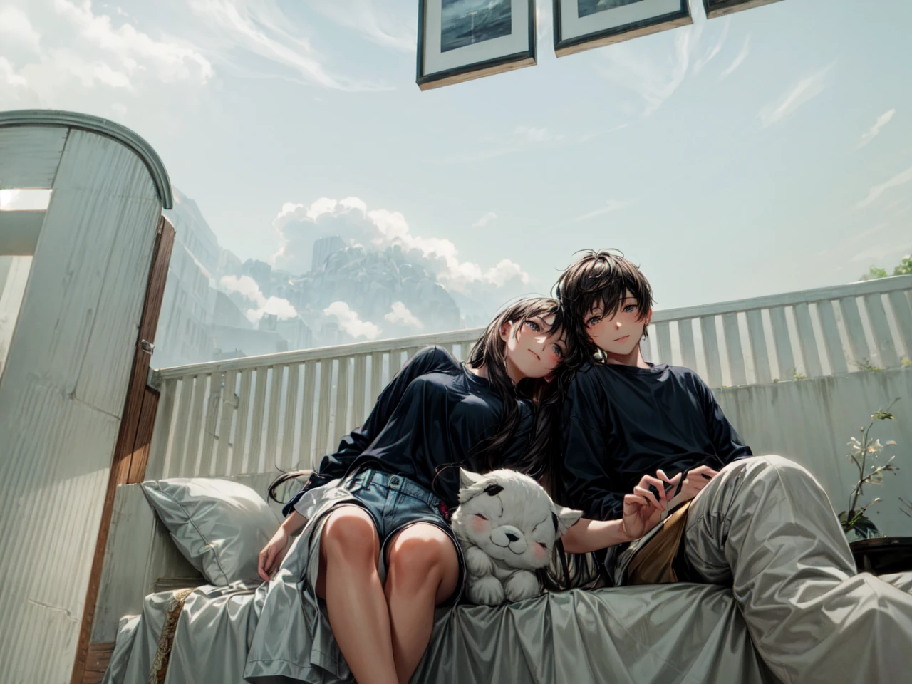 ((best quality)), ((masterpiece)), (detailed), perfect face,Create a charming, heartwarming scene of a cute girl and a cute boy walking hand-in-hand along a riverbank. The girl has long, wavy hair and is wearing a light, summery dress, while the boy has short, tousled hair and is dressed in a casual t-shirt and shorts. They are smiling and looking at each other affectionately. The river beside them is calm and clear, reflecting the blue sky above. The riverbank is lush with green grass, wildflowers, and a few scattered trees providing dappled shade. In the background, there are gentle hills and a bright, sunny sky with a few fluffy clouds. The overall mood of the image should be one of youthful joy, love, and the simple pleasures of a beautiful day outdoors.