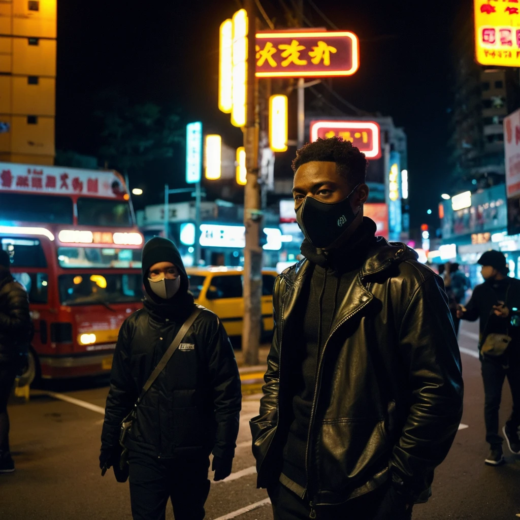 (Cinematic Aesthetic:1.4) Photo of a black man with gas mask in hong kong at night hyperealistic 