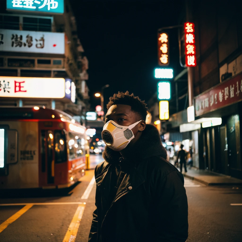 (Cinematic Aesthetic:1.4) Photo of a black man with gas mask in hong kong at night hyperealistic