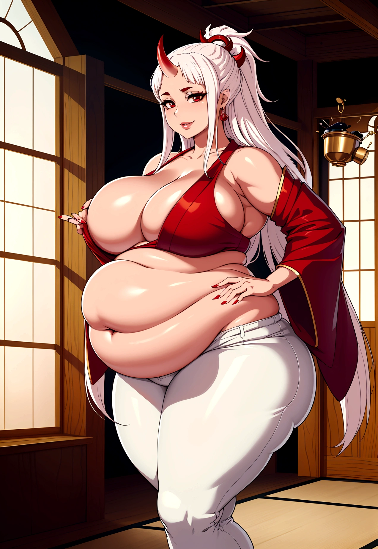((high aesthetic)), absurdres, absurd resolution, highly rated, highres, art by kipteitei, high resolution, best quality, masterpiece, full body, (facing viewer), 1girl, ((solo)), indoors, clothed, perfect face, perfect eyes, neneneji, tight outfit, smile, natural skin texture, 4k textures, hdr, intricate, highly detailed, puffy lips, thick lips, hyperdetailed, mature female, yamato\(one piece\), multicolored hair, white hair, green hair, oni horn , red horns, two red horns, long hair, red eyes, , white kimono top, red bottoms, pants, chubby(wide hips, pot belly, thick thighs, big breasts, big belly),huge ass