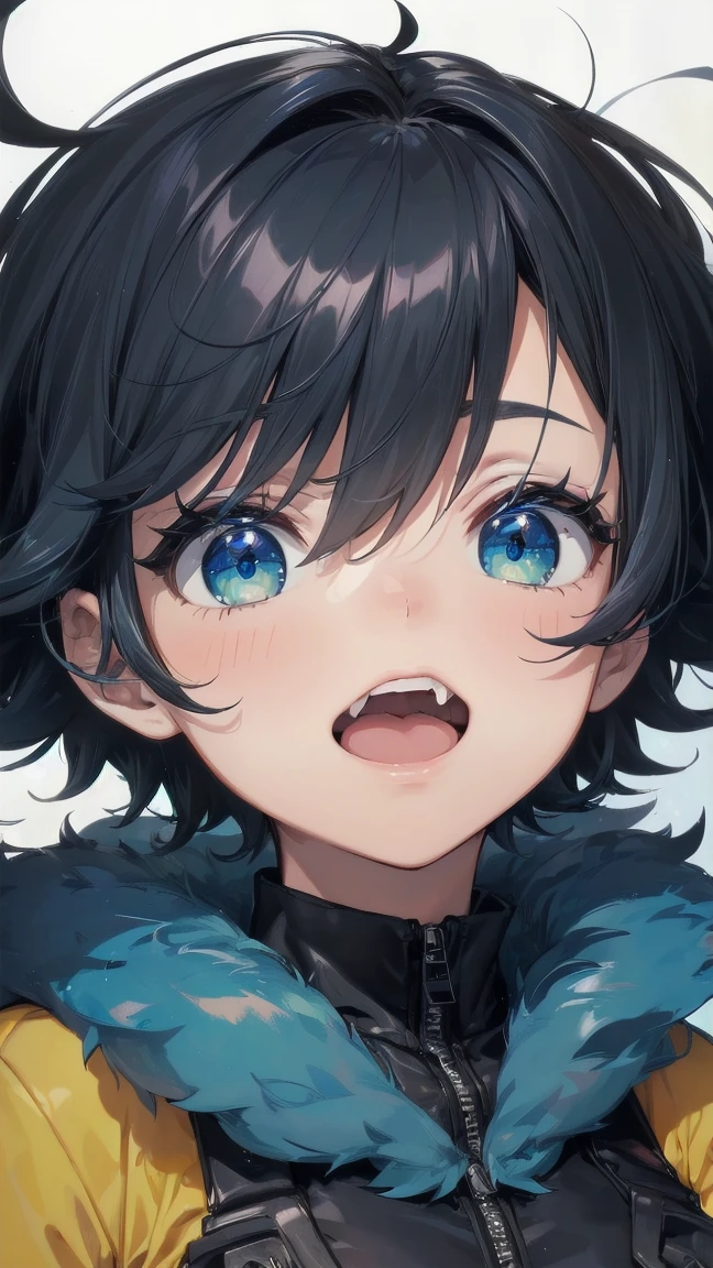 Close-up of a cartoon girl with blue hair and a yellow shirt, 2D Animation, 2D Animation style, 2D Art, 2D Art, 2D from Gorillaz, 2D from Gorillaz, 2D Gorillaz, Screaming Cerket, 2D Sprites, Jinx Face, short hair, Small breasts, hot pants, ((Black Hair, Bright blue fur inside:1.4))