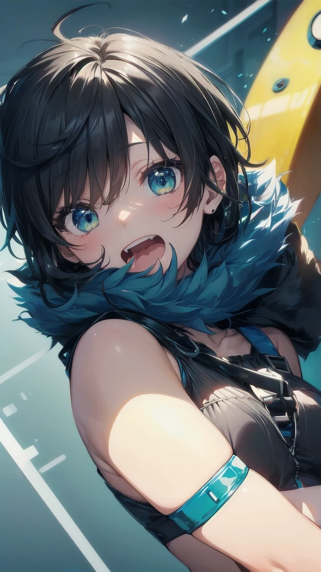 Close-up of a cartoon girl with blue hair and a yellow shirt, 2D Animation, 2D Animation style, 2D Art, 2D Art, 2D from Gorillaz, 2D from Gorillaz, 2D Gorillaz, Screaming Cerket, 2D Sprites, Jinx Face, short hair, Small breasts, hot pants, ((Black Hair, Bright blue fur inside:1.4))