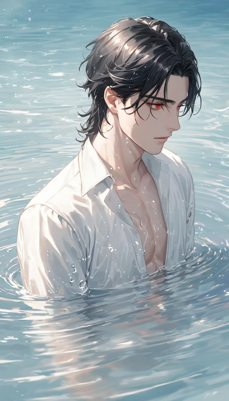 Anime-style male character in water, (long black hair:1.2), (gentle expression:1.1), red eyes, white noble outfit, (rippling water effect around body:1.3), sunlight reflecting on water, clear sky, subtle water splashes, high-resolution digital art, soft color palette, tranquil atmosphere, (serene ocean background:1.1), realistic water texture